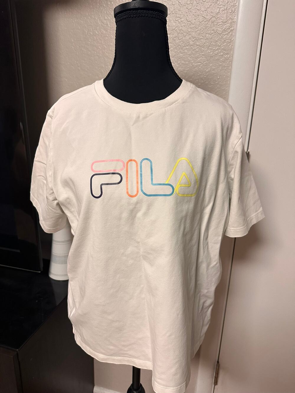 Retro Style FILA Graphic Stretch Tee White Crewneck with Multi-Color Pastel Logo